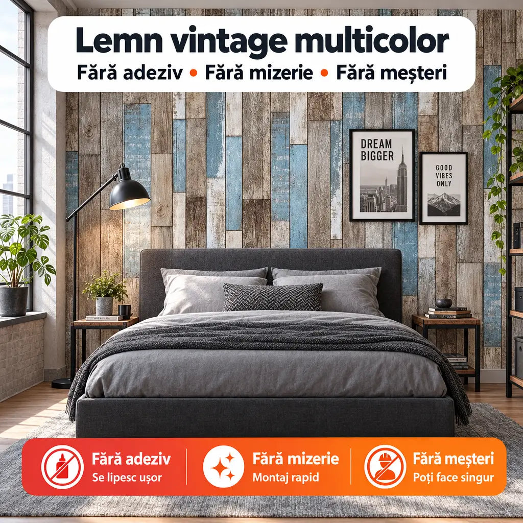 Tapet 3D autoadeziv lemn vintage multicolor în dormitor industrial