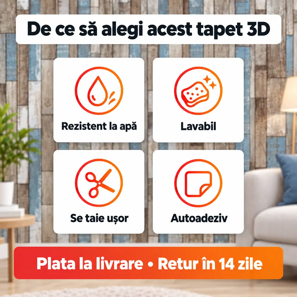 Beneficii tapet 3D lemn multicolor: rezistent la apă, lavabil, se taie ușor, autoadeziv