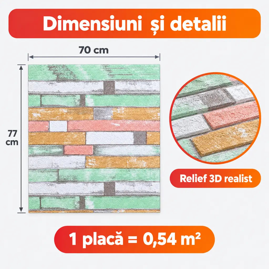 Dimensiuni placă tapet 3D cărămidă colorată 70x77 cm, 0,54 m²