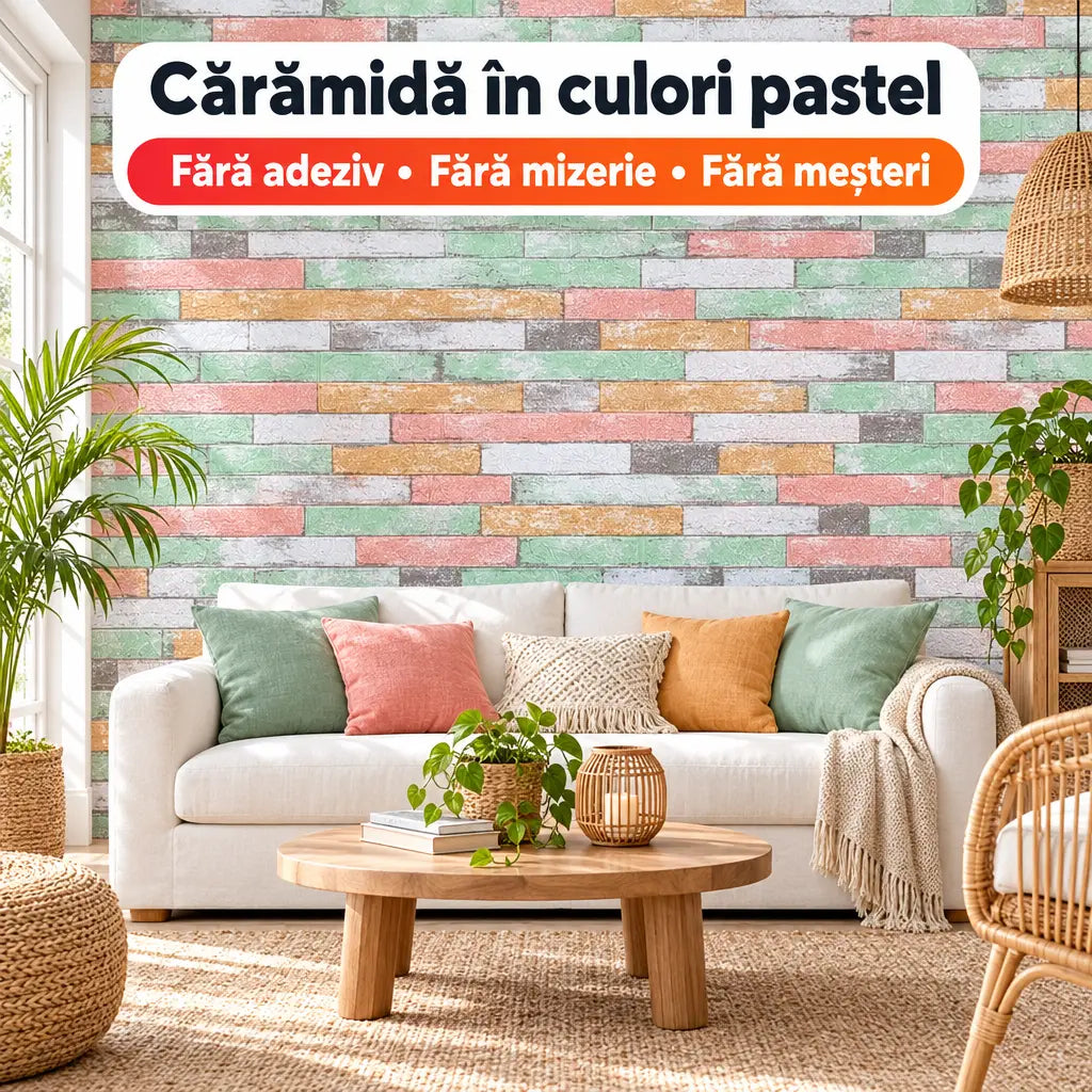 Tapet 3D autoadeziv cărămidă în culori pastel în living boho