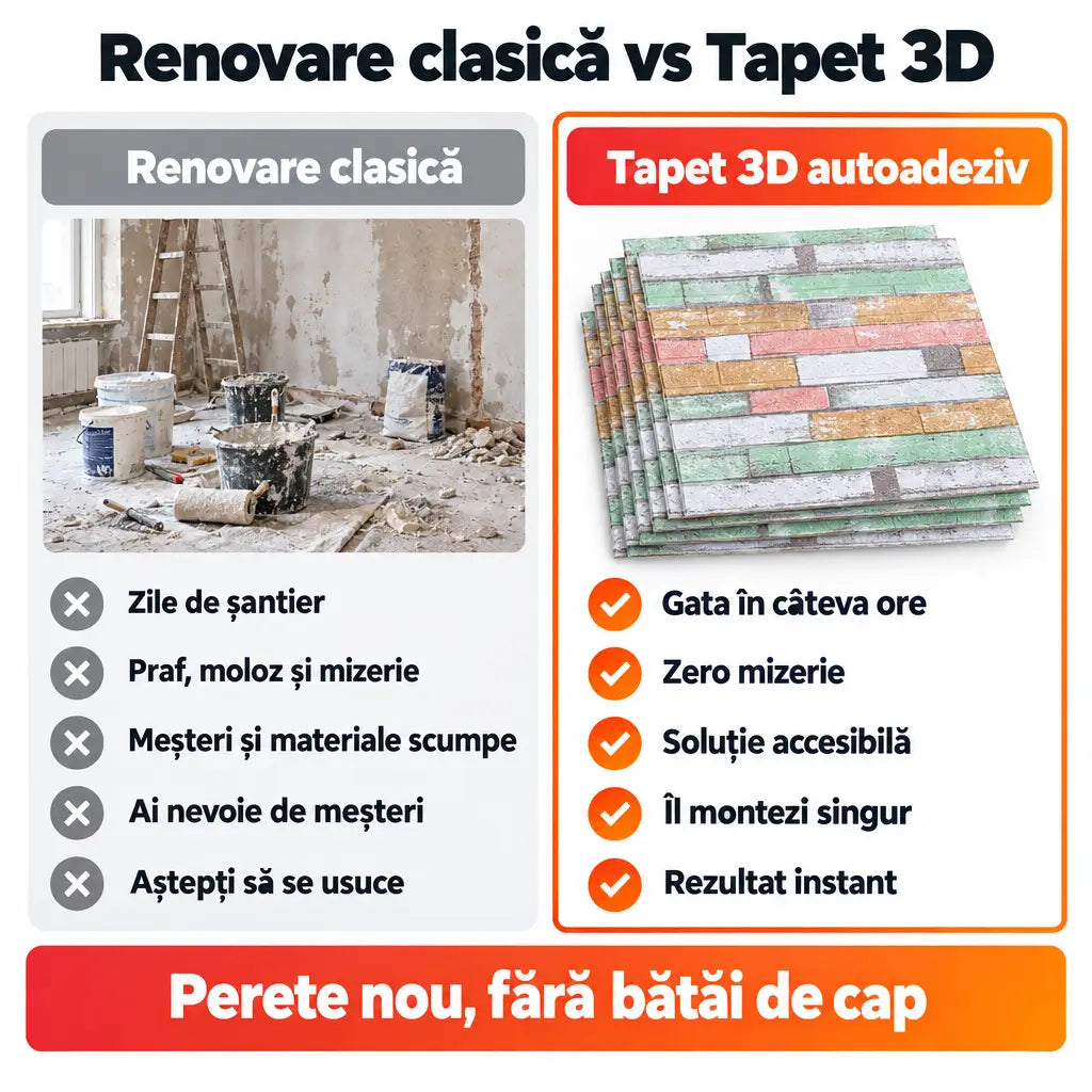 Renovare clasică vs tapet 3D autoadeziv cărămidă colorată
