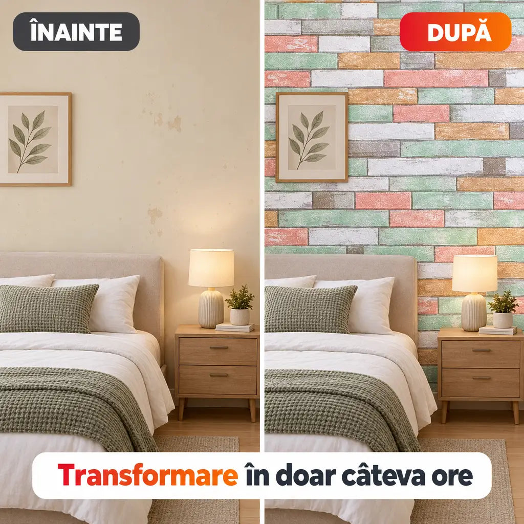 Înainte și după montaj tapet 3D cărămidă colorată în dormitor