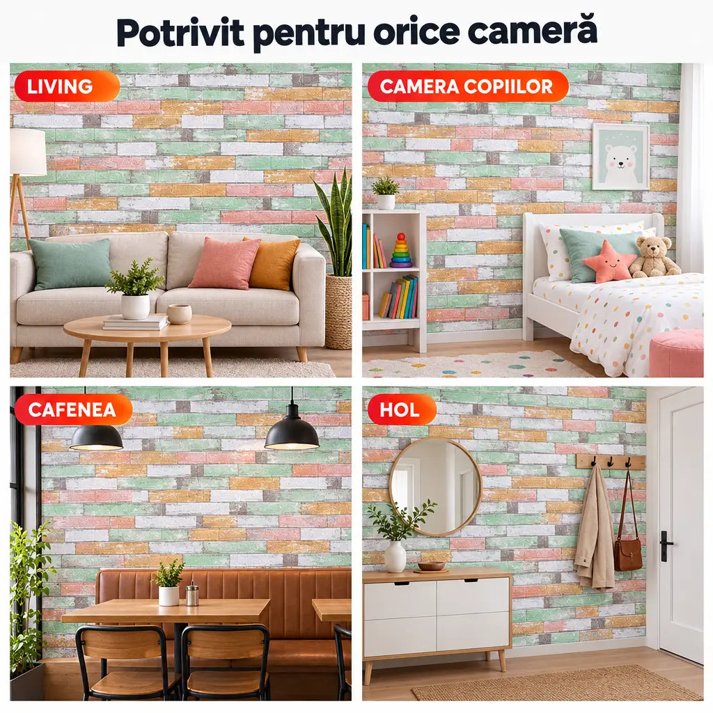 Tapet 3D cărămidă colorată în living, camera copiilor, cafenea și hol