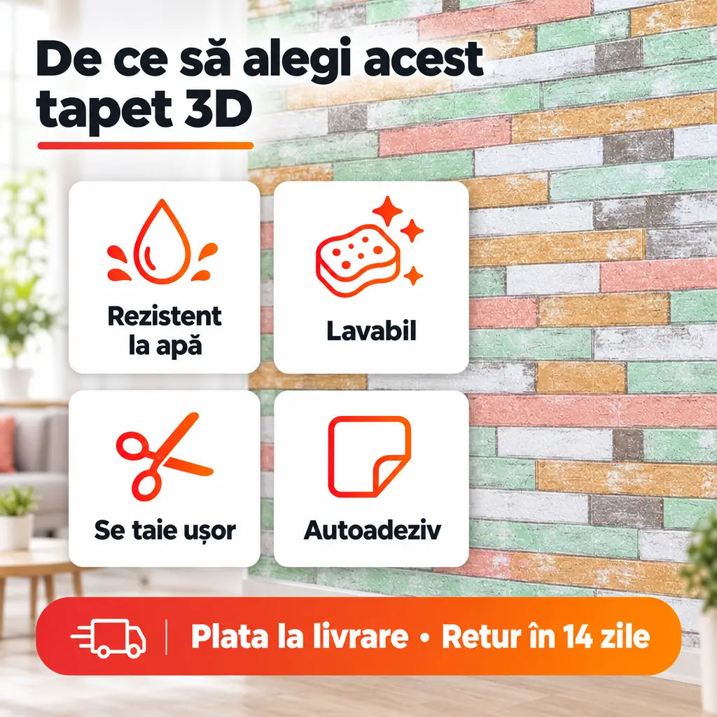 Beneficii tapet 3D cărămidă colorată: rezistent la apă, lavabil, se taie ușor, autoadeziv