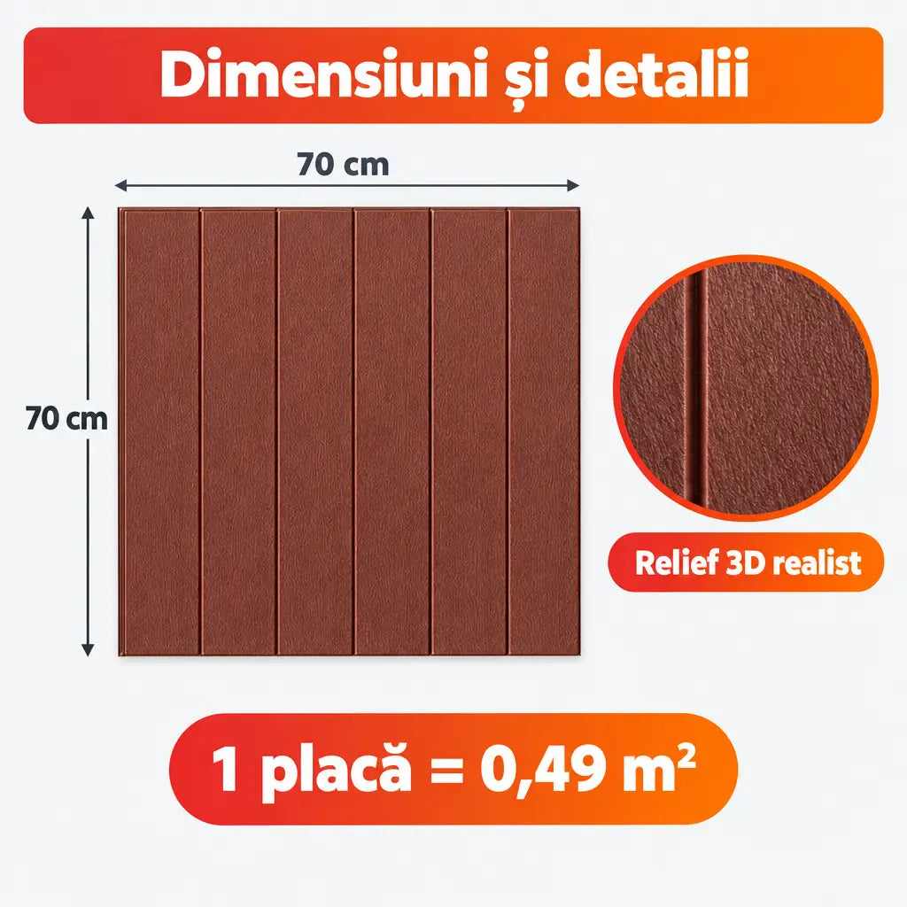 Dimensiuni placă tapet 3D lemn maro închis 70x70 cm, 0,49 m²