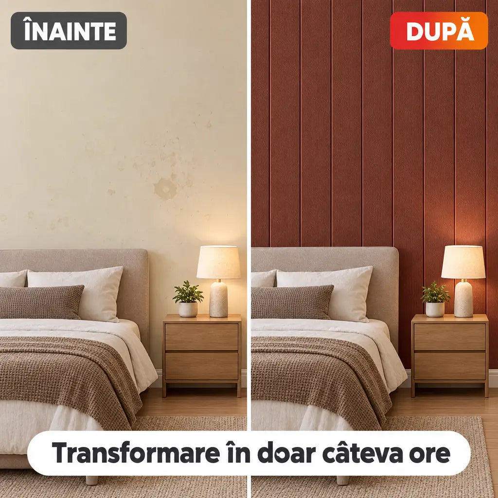 Înainte și după montaj tapet 3D lemn maro închis în dormitor