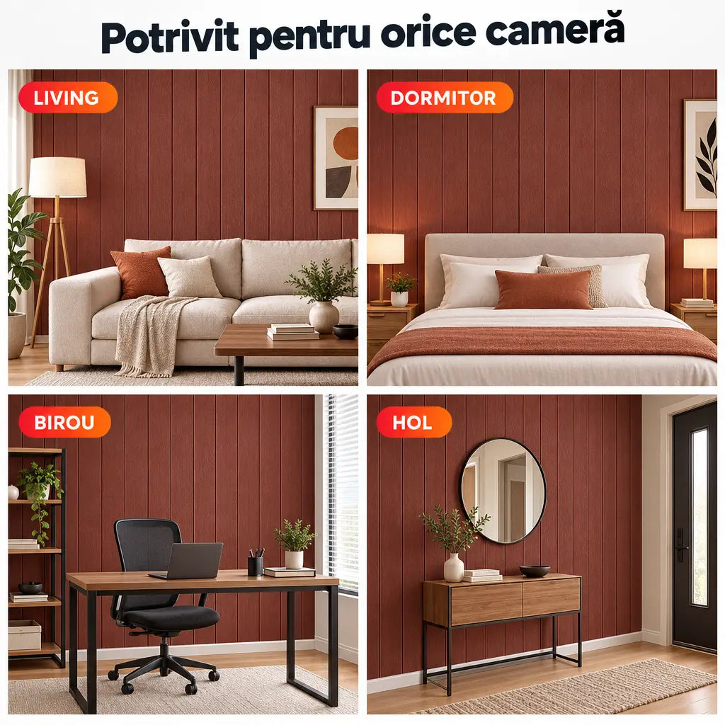 Tapet 3D lemn maro închis în living, dormitor, birou și hol