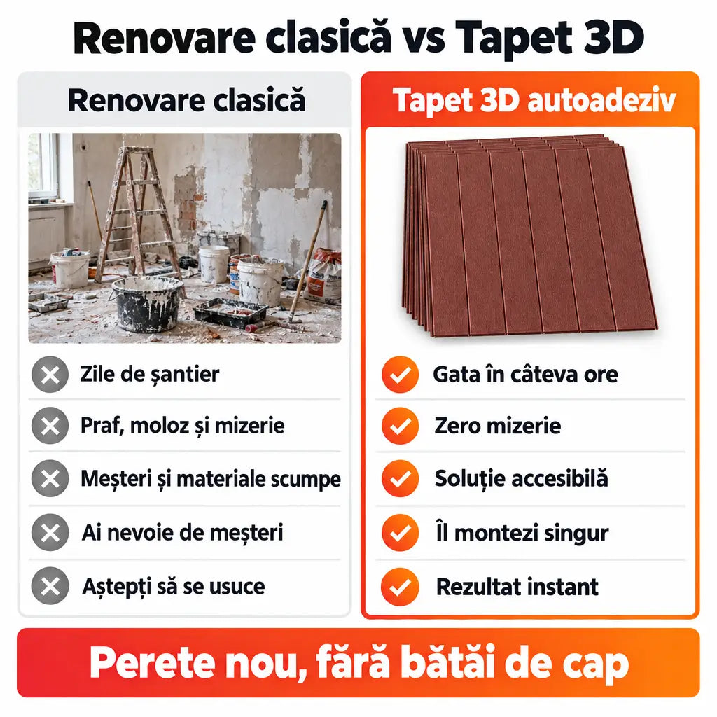 Renovare clasică vs tapet 3D autoadeziv lemn maro închis