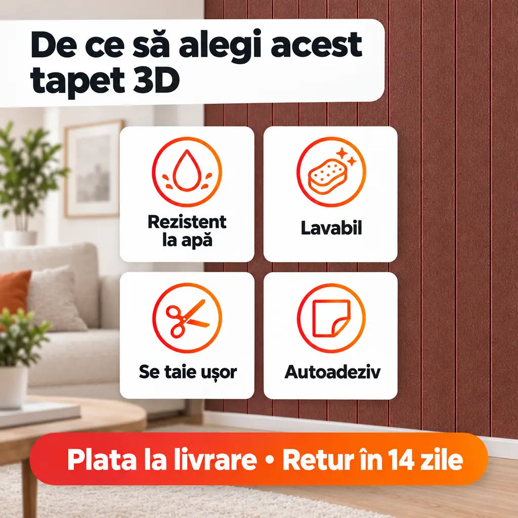 Beneficii tapet 3D lemn maro închis: rezistent la apă, lavabil, se taie ușor, autoadeziv