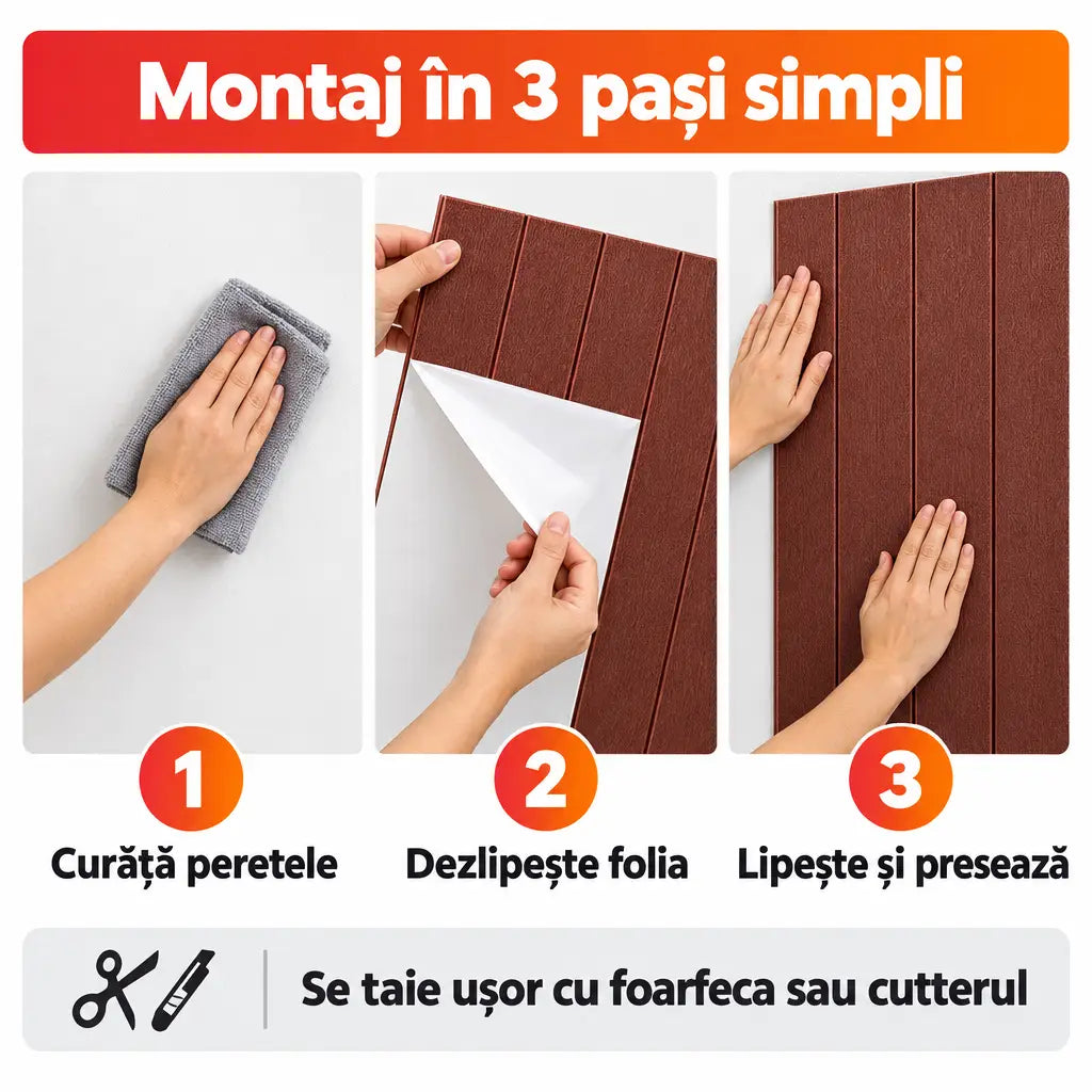 Montaj tapet 3D autoadeziv în 3 pași simpli