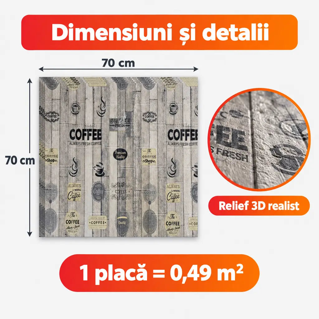 Dimensiuni placă tapet 3D Coffee 70x70 cm, 0,49 m²