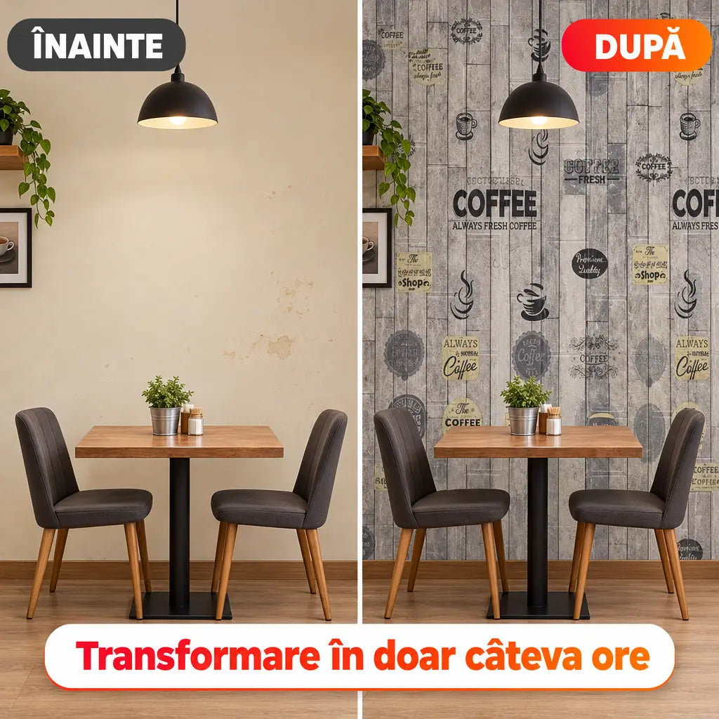 Înainte și după montaj tapet 3D Coffee în zona de dining