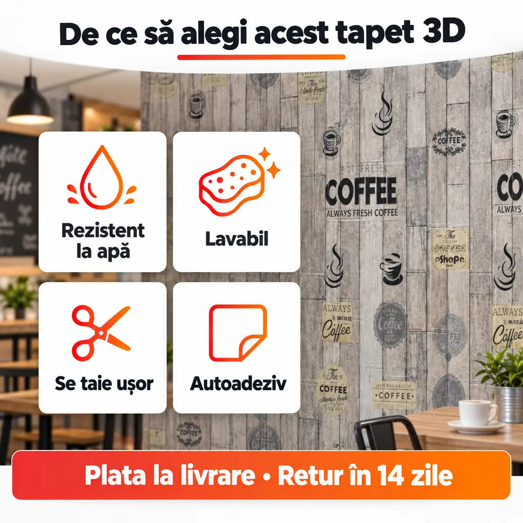 Beneficii tapet 3D Coffee: rezistent la apă, lavabil, se taie ușor, autoadeziv