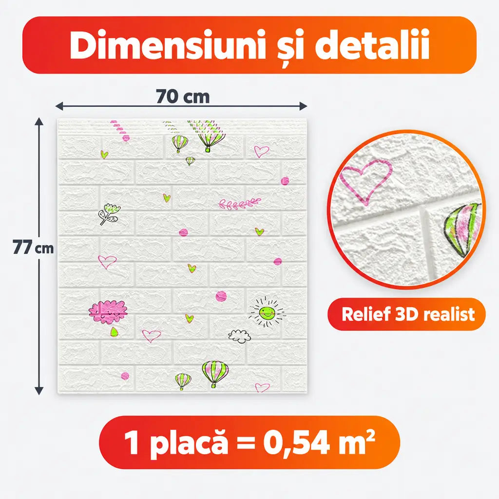 Dimensiuni placă tapet 3D baloane 70x77 cm, 0,54 m²