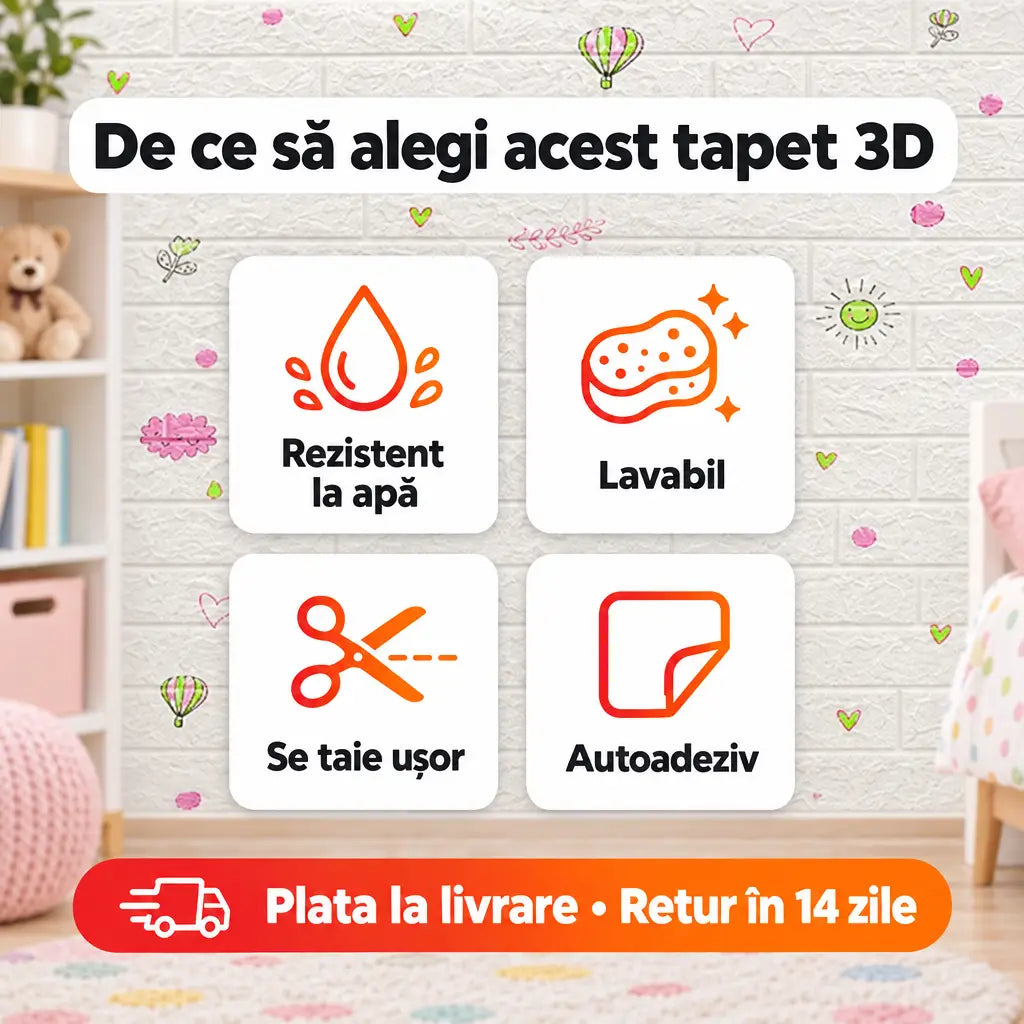Beneficii tapet 3D baloane: rezistent la apă, lavabil, se taie ușor, autoadeziv
