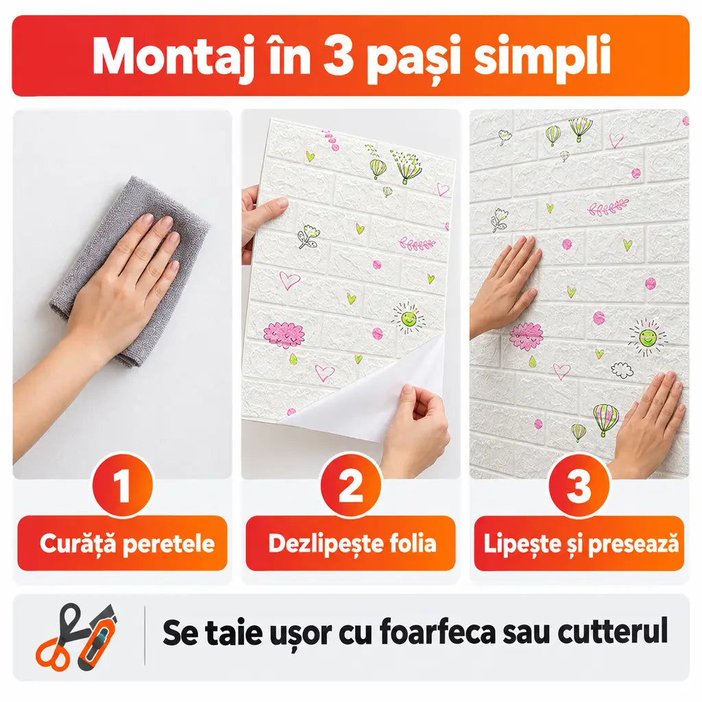 Montaj tapet 3D autoadeziv în 3 pași simpli