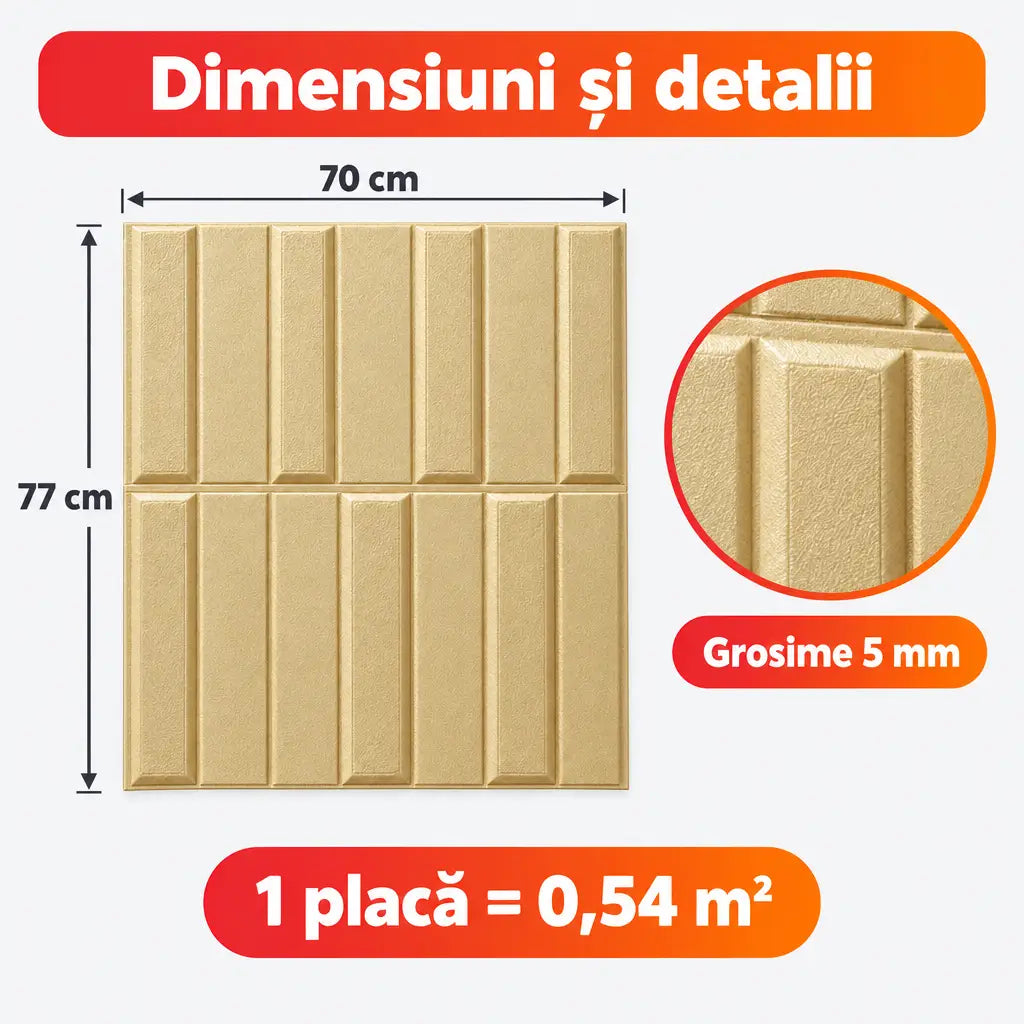 Dimensiuni placă tapet 3D bej 70x77 cm, grosime 5 mm, 0,54 m²