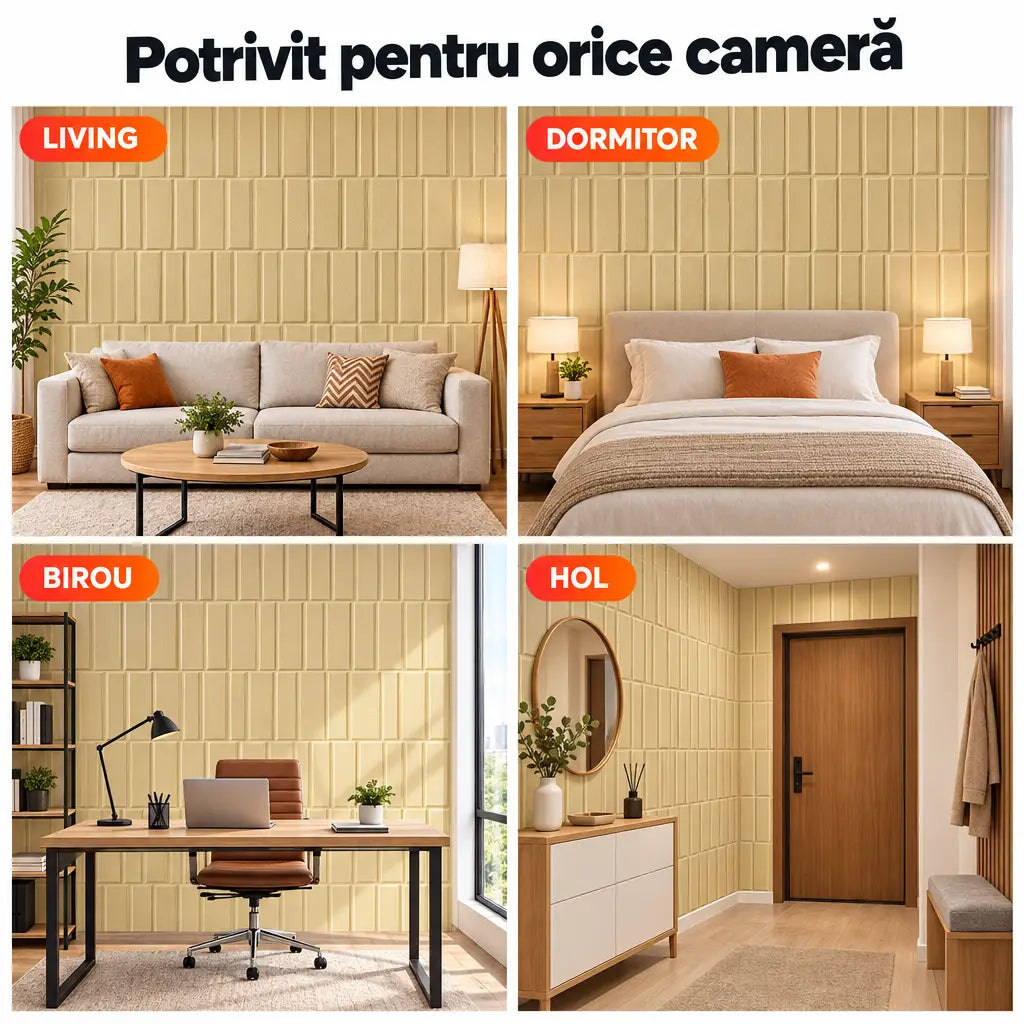 Tapet 3D dreptunghiuri bej în living, dormitor, birou și hol