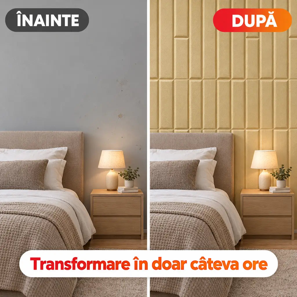 Înainte și după montaj tapet 3D dreptunghiuri bej în dormitor