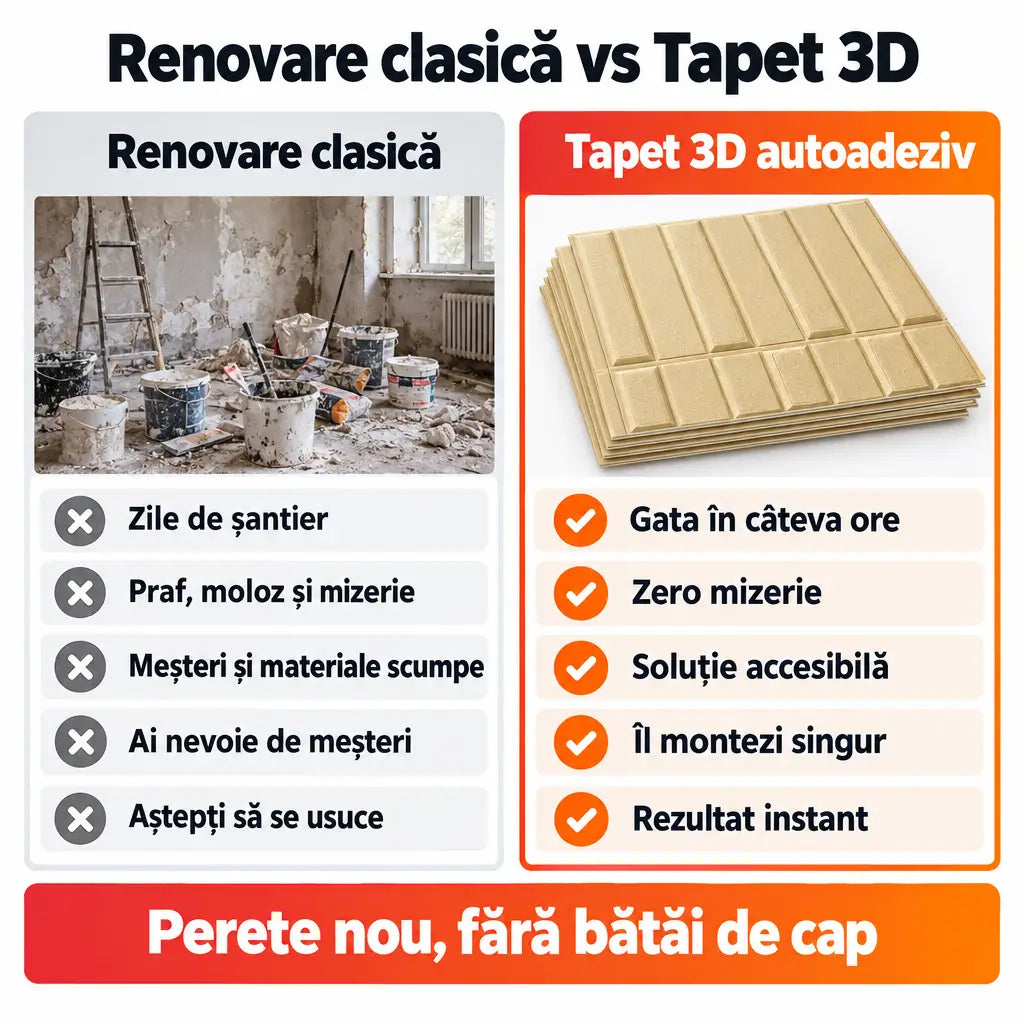 Renovare clasică vs tapet 3D autoadeziv bej
