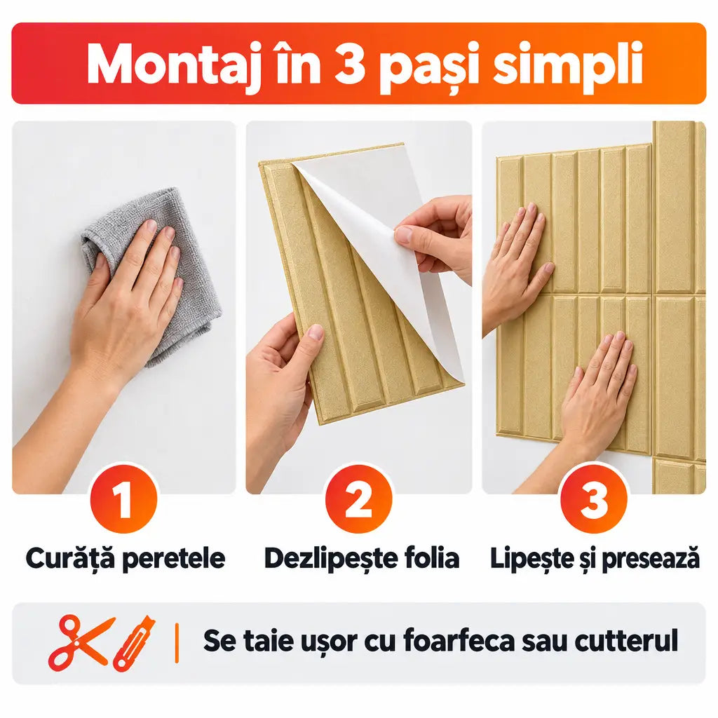 Montaj tapet 3D autoadeziv în 3 pași simpli