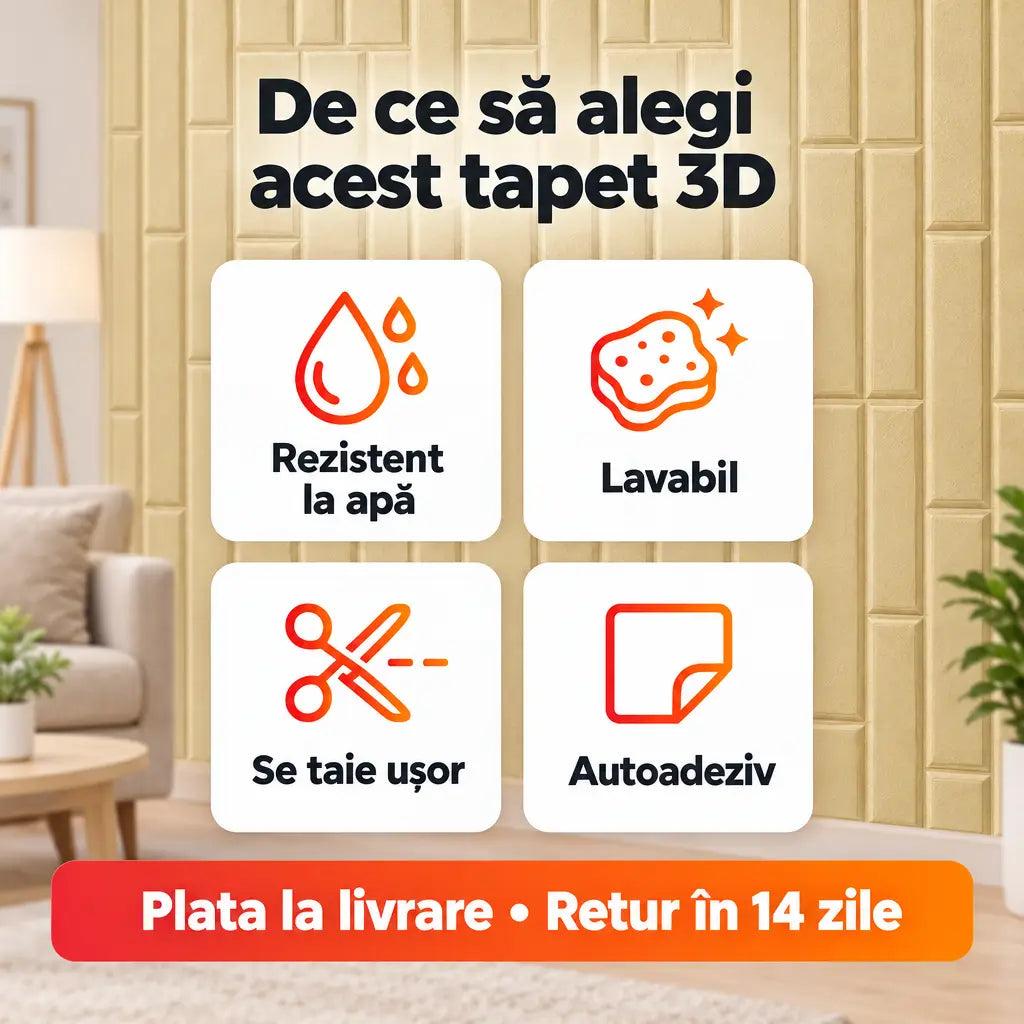 Beneficii tapet 3D bej: rezistent la apă, lavabil, se taie ușor, autoadeziv