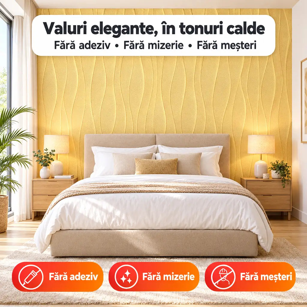 Tapet 3D autoadeziv valuri galben deschis în dormitor elegant