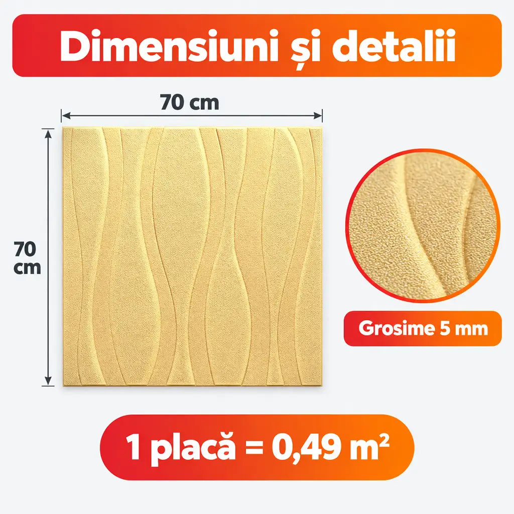 Dimensiuni placă tapet 3D valuri 70x70 cm, grosime 5 mm, 0,49 m²