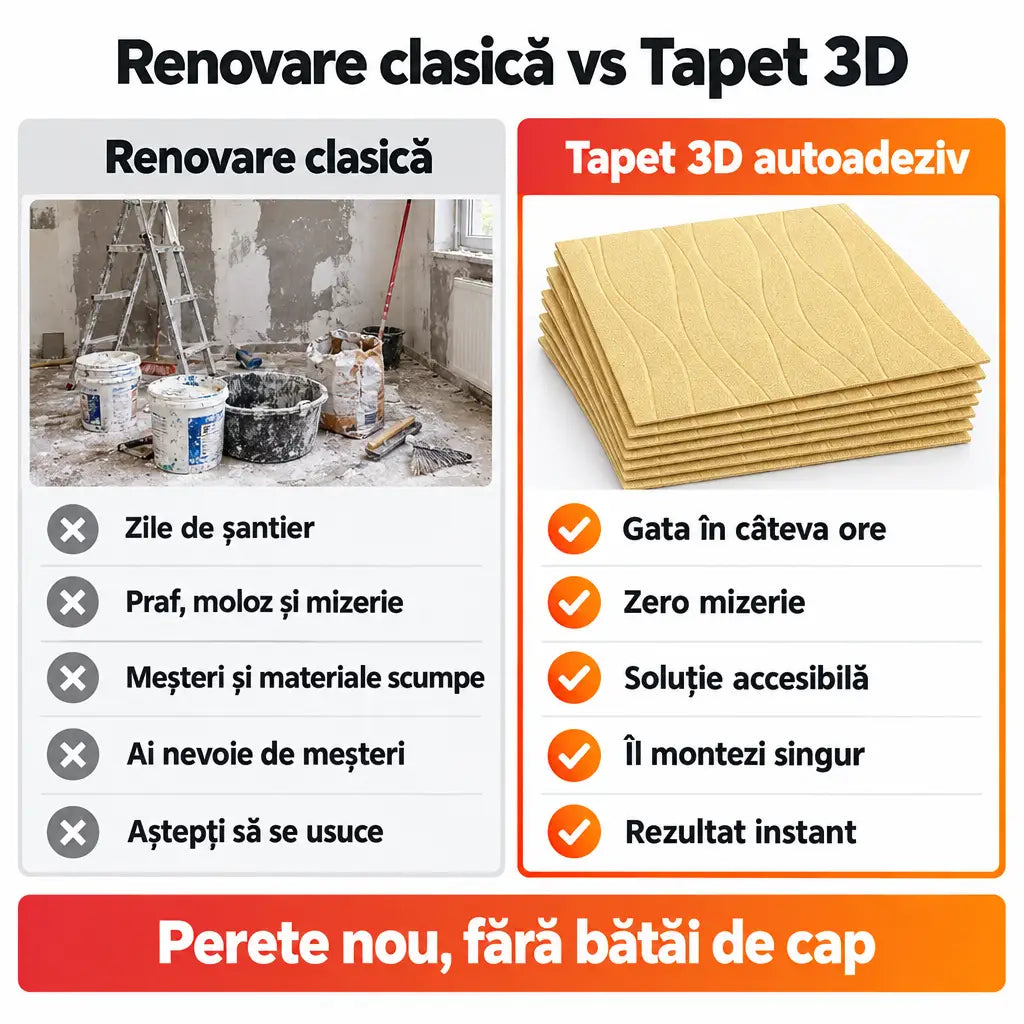 Renovare clasică vs tapet 3D autoadeziv valuri