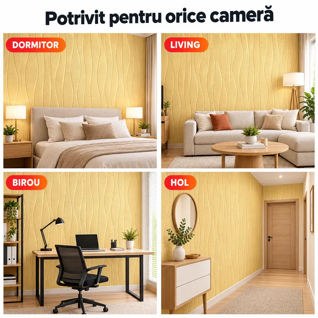 Tapet 3D valuri galben în dormitor, living, birou și hol
