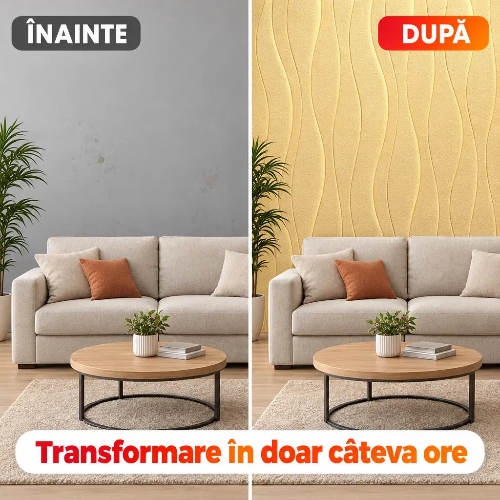 Înainte și după montaj tapet 3D valuri în living