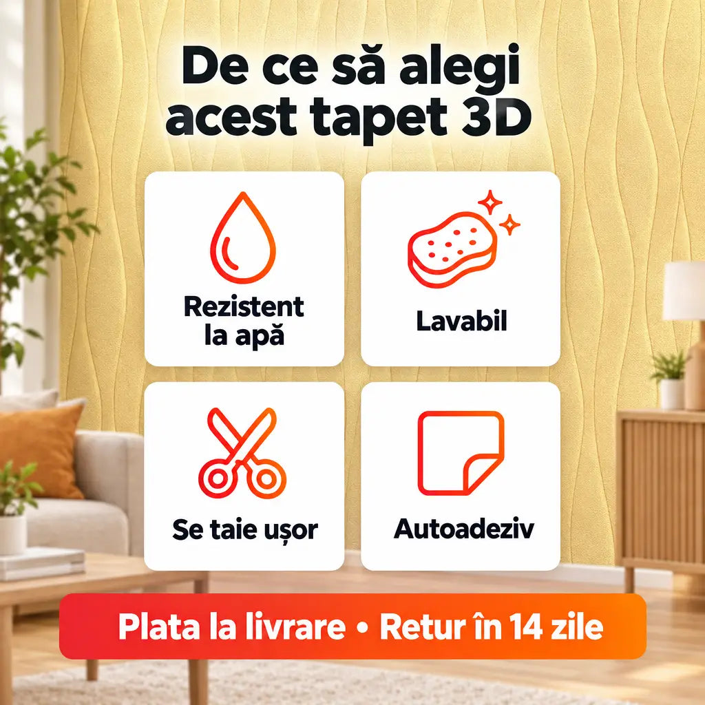 Beneficii tapet 3D valuri: rezistent la apă, lavabil, se taie ușor, autoadeziv