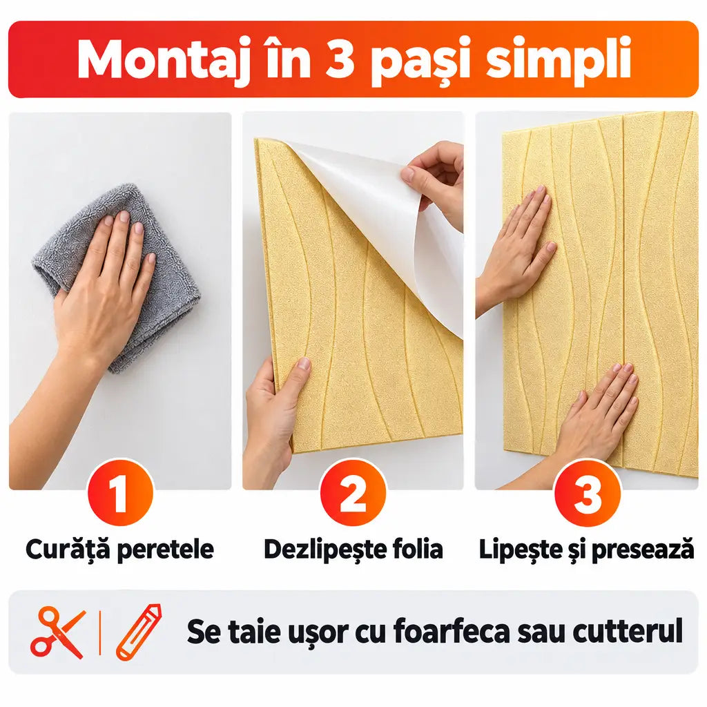Montaj tapet 3D autoadeziv în 3 pași simpli