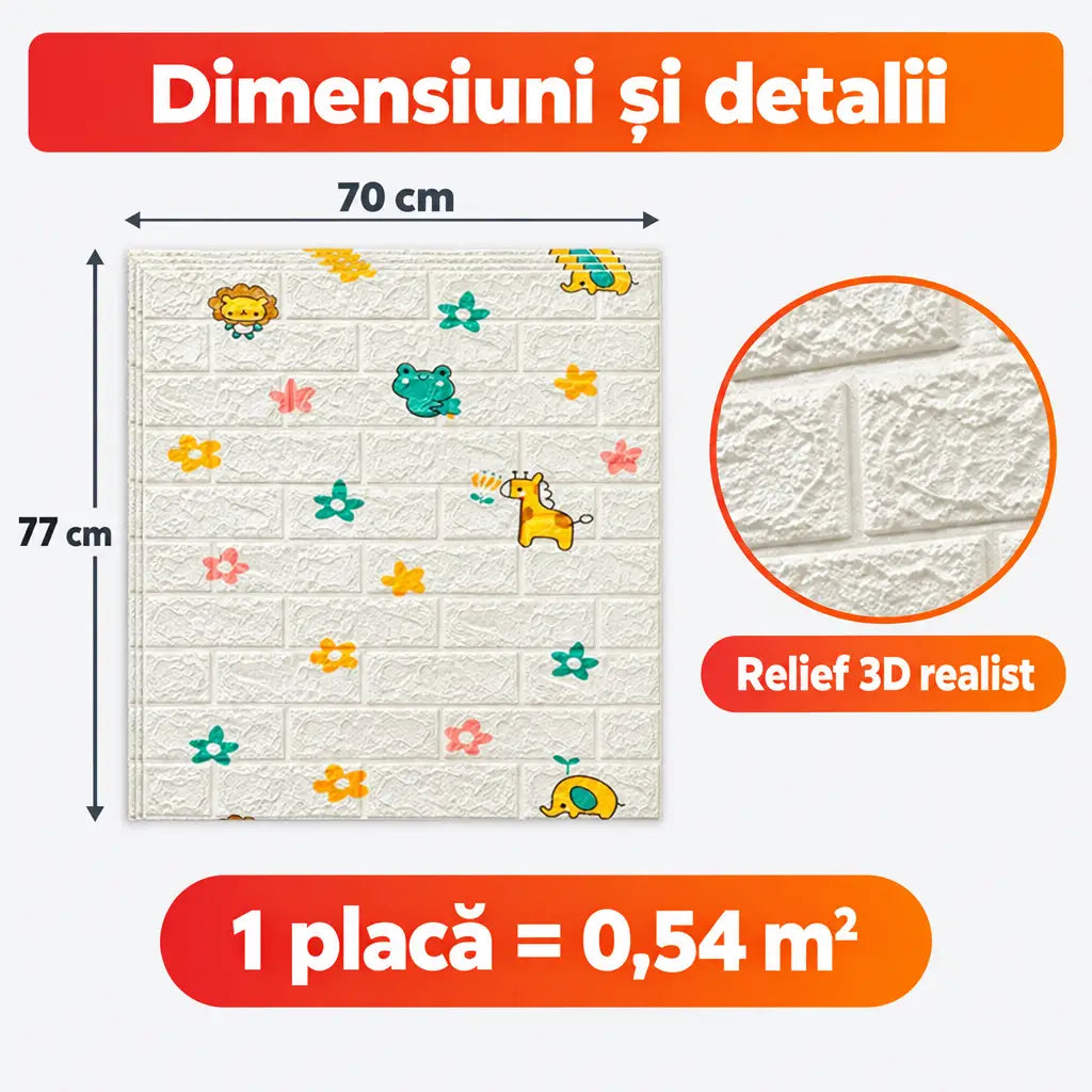 Dimensiuni placă tapet 3D Lumea Animalelor 70x77 cm, 0,54 m²