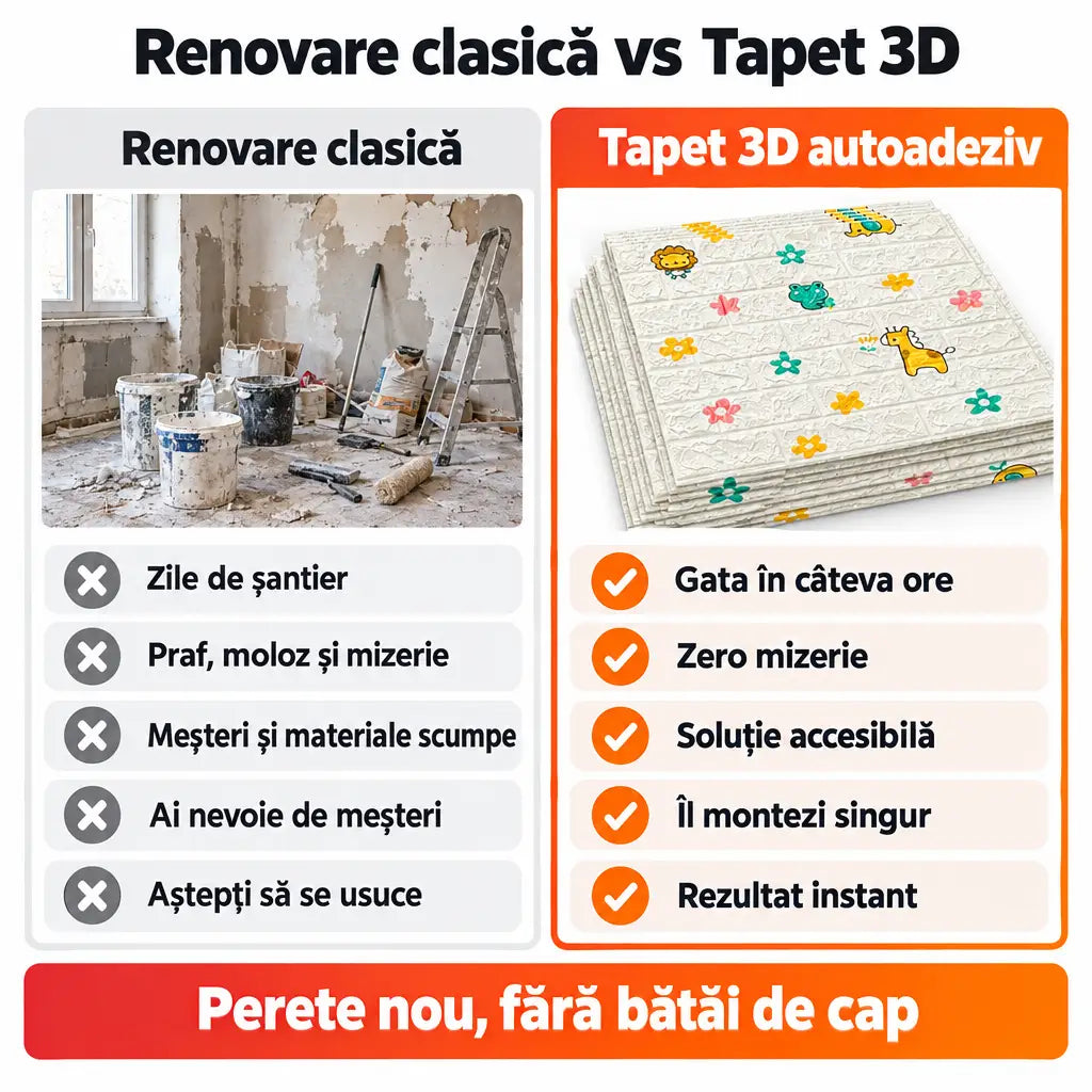 Renovare clasică vs tapet 3D autoadeziv Lumea Animalelor