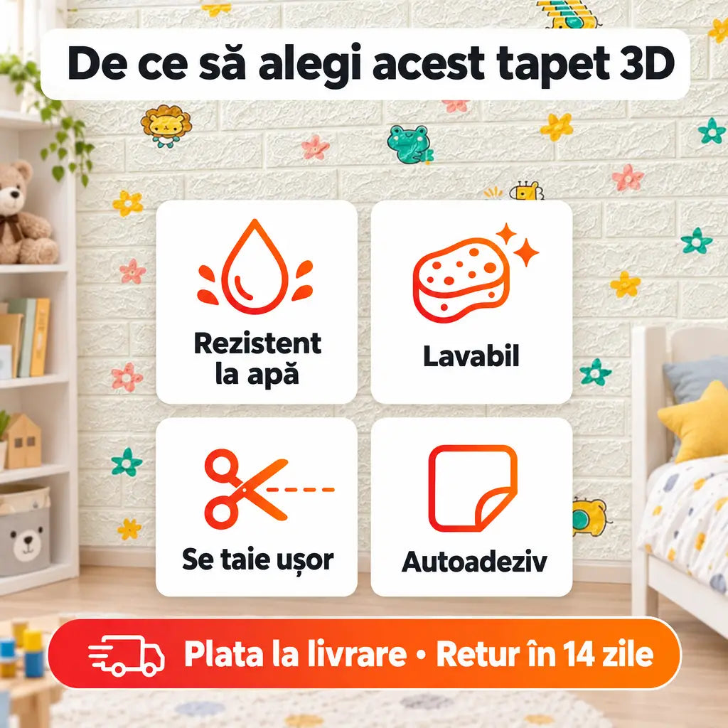 Beneficii tapet 3D Lumea Animalelor: rezistent la apă, lavabil, se taie ușor, autoadeziv