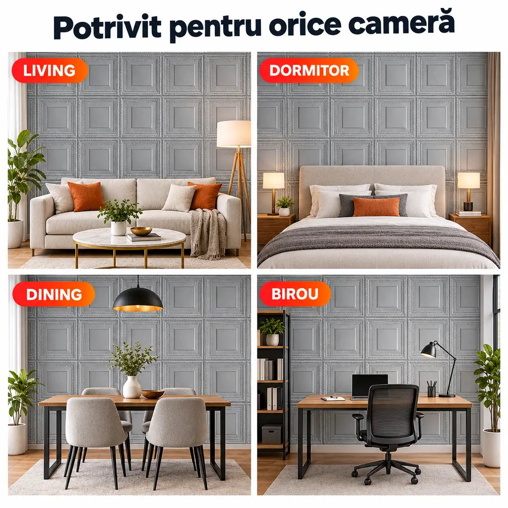 Tapet 3D pătrate argintiu în living, dormitor, dining și birou