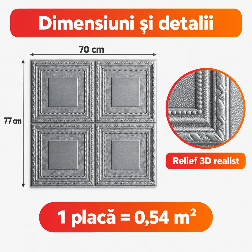 Dimensiuni placă tapet 3D pătrate argintiu 70x77 cm, 0,54 m²