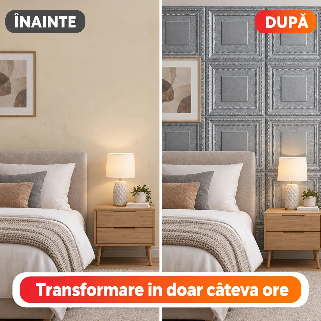 Înainte și după montaj tapet 3D pătrate argintiu în dormitor