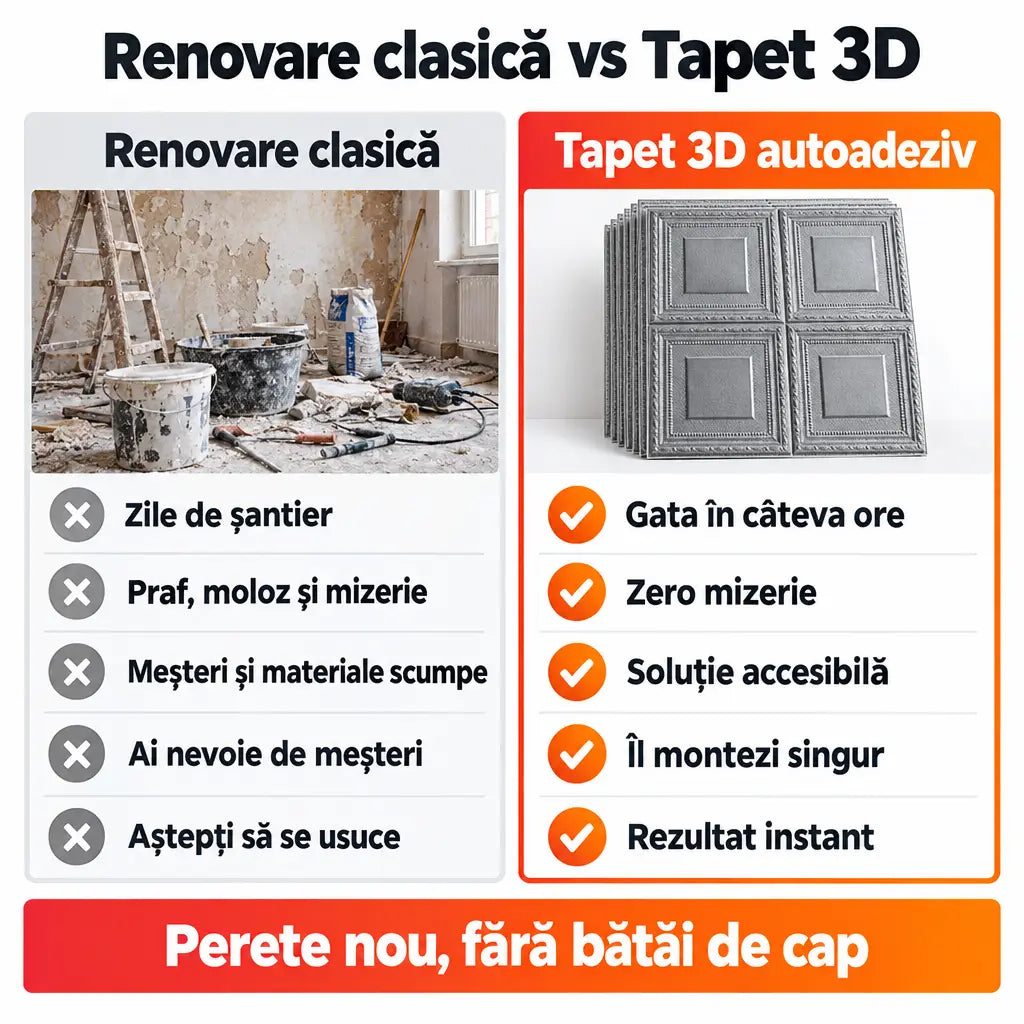 Renovare clasică vs tapet 3D autoadeziv pătrate argintiu