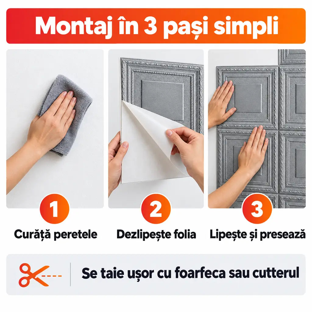 Montaj tapet 3D autoadeziv în 3 pași simpli
