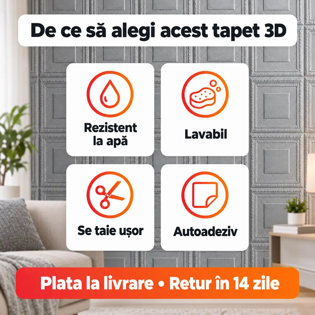 Beneficii tapet 3D pătrate argintiu: rezistent la apă, lavabil, se taie ușor, autoadeziv