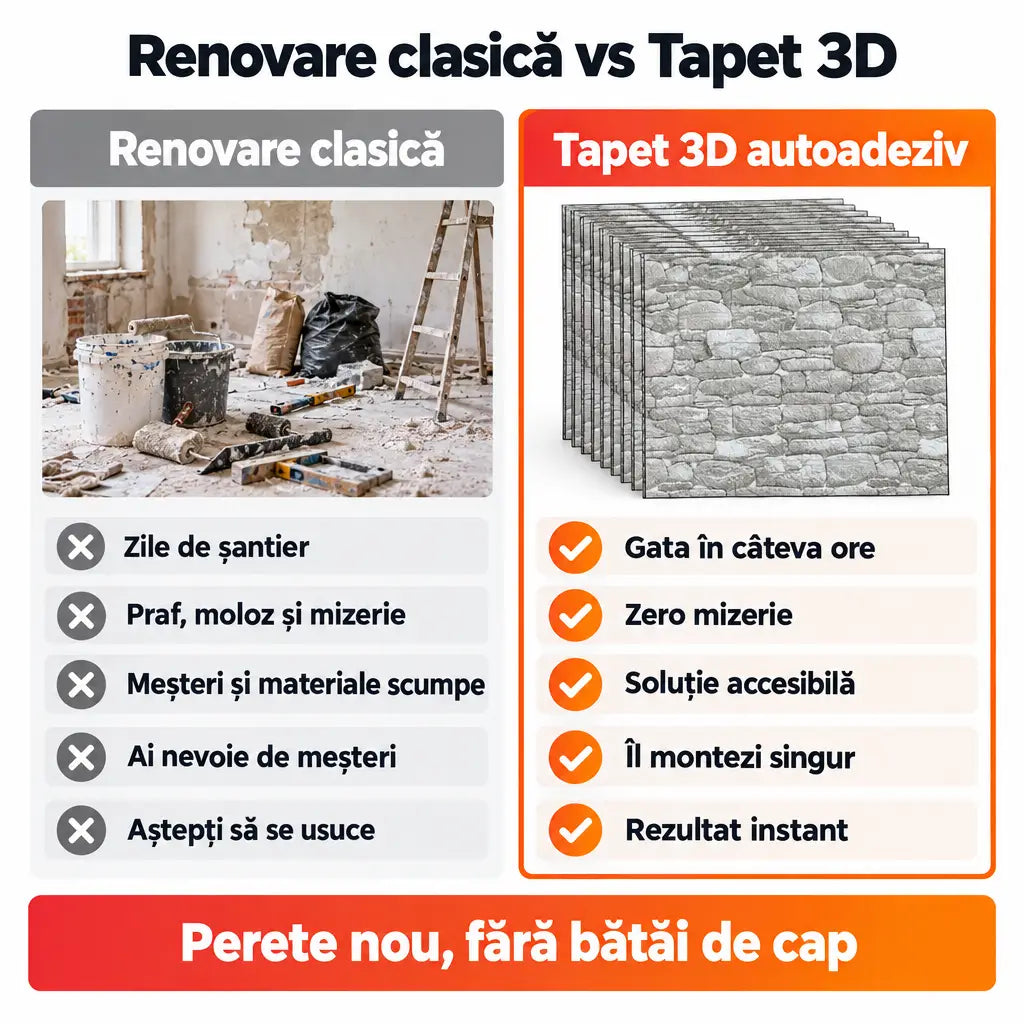 Renovare clasică vs tapet 3D autoadeziv piatră gri