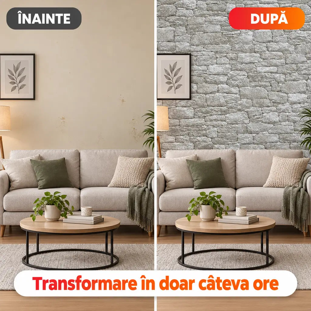 Înainte și după montaj tapet 3D piatră gri deschis în living