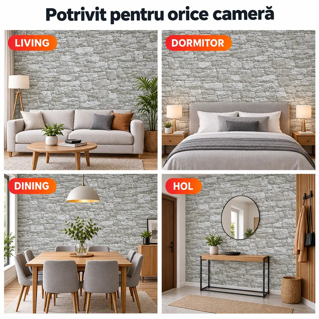 Tapet 3D piatră gri deschis în living, dormitor, dining și hol