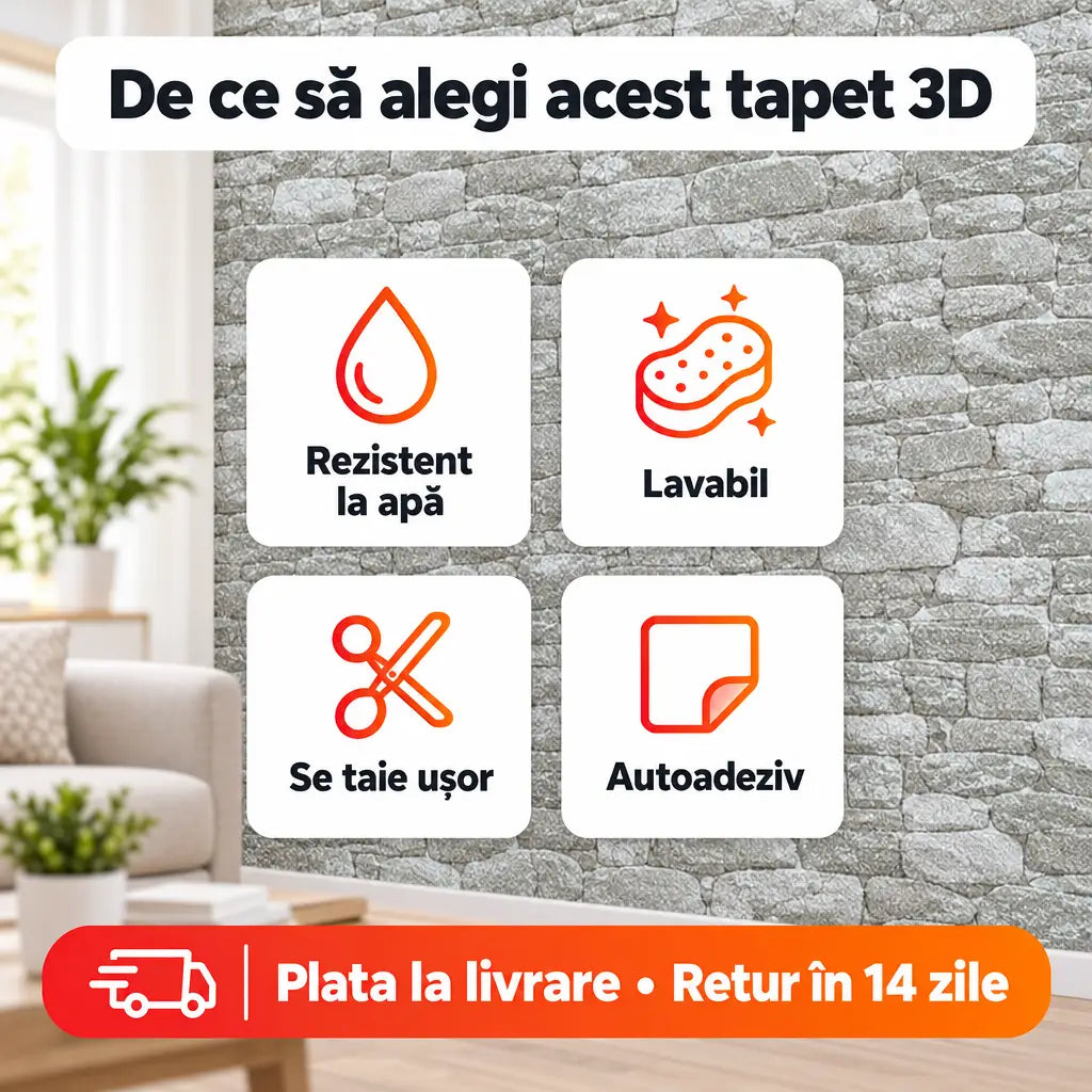 Beneficii tapet 3D piatră gri: rezistent la apă, lavabil, se taie ușor, autoadeziv