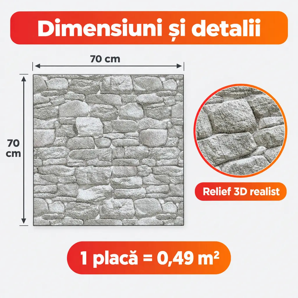 Dimensiuni placă tapet 3D T95 70x70 cm, 0,49 m²