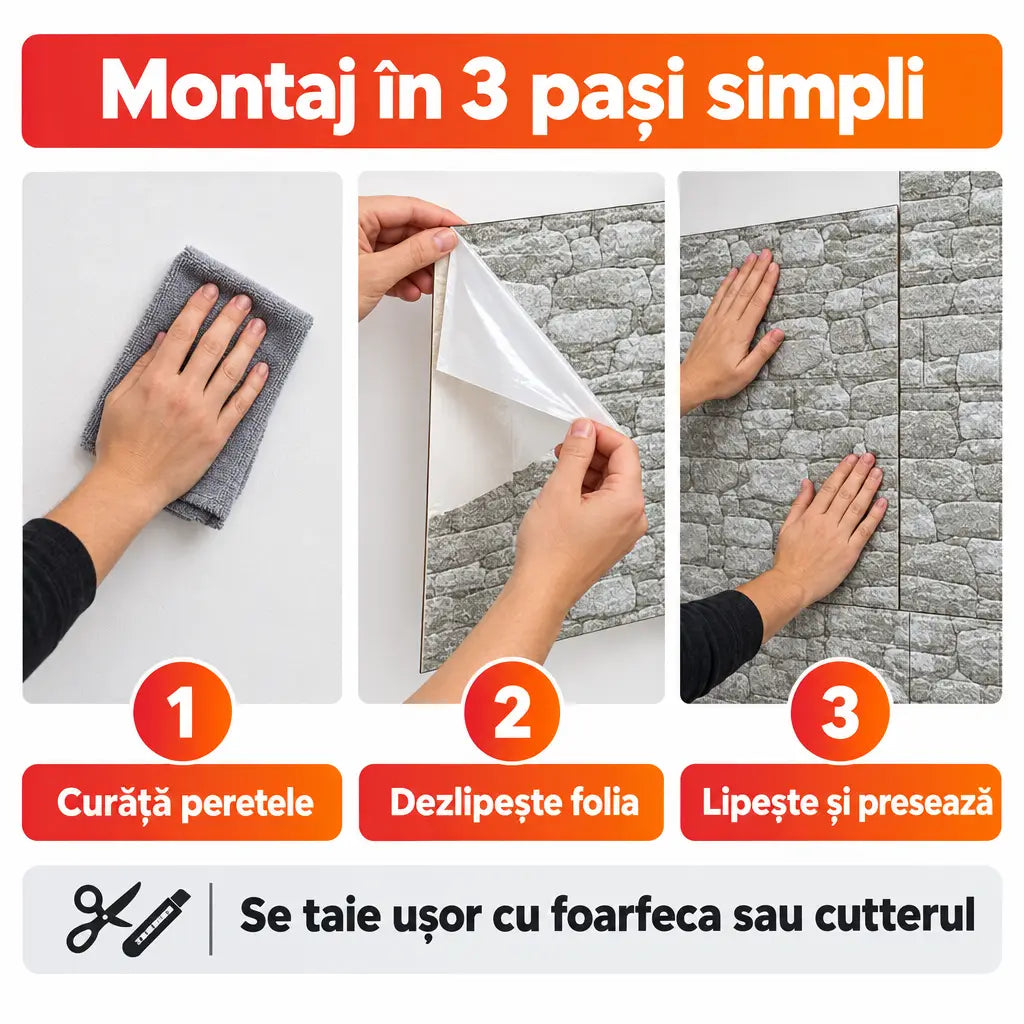 Montaj tapet 3D autoadeziv în 3 pași simpli