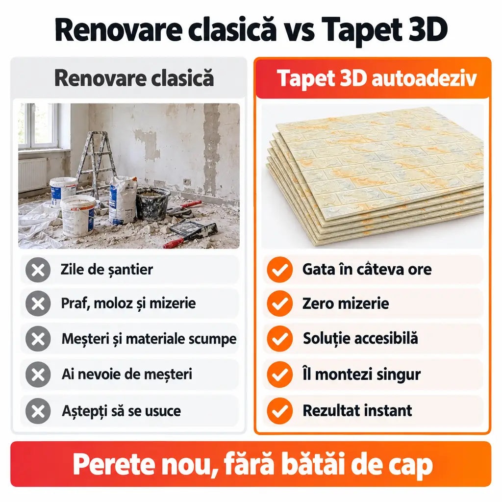 Renovare clasică vs tapet 3D autoadeziv T59-V2
