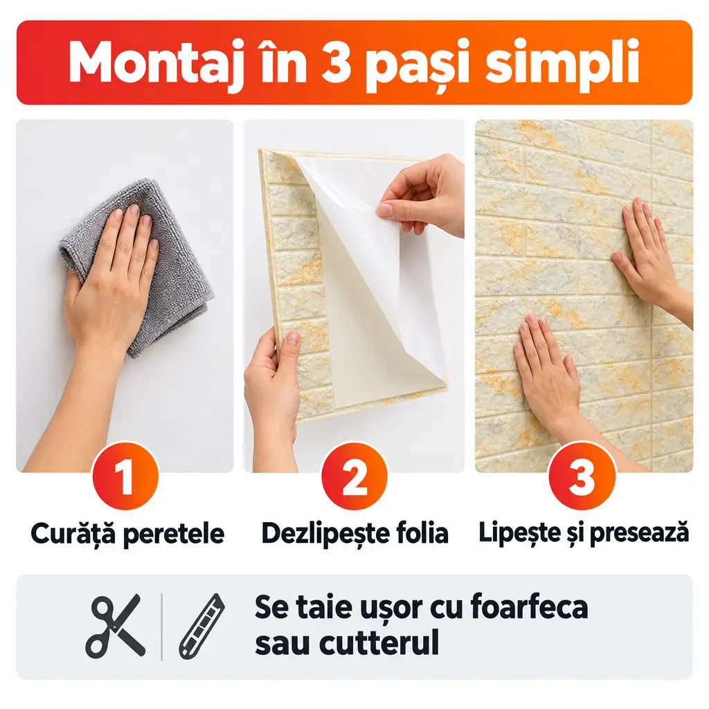 Montaj tapet 3D autoadeziv în 3 pași simpli